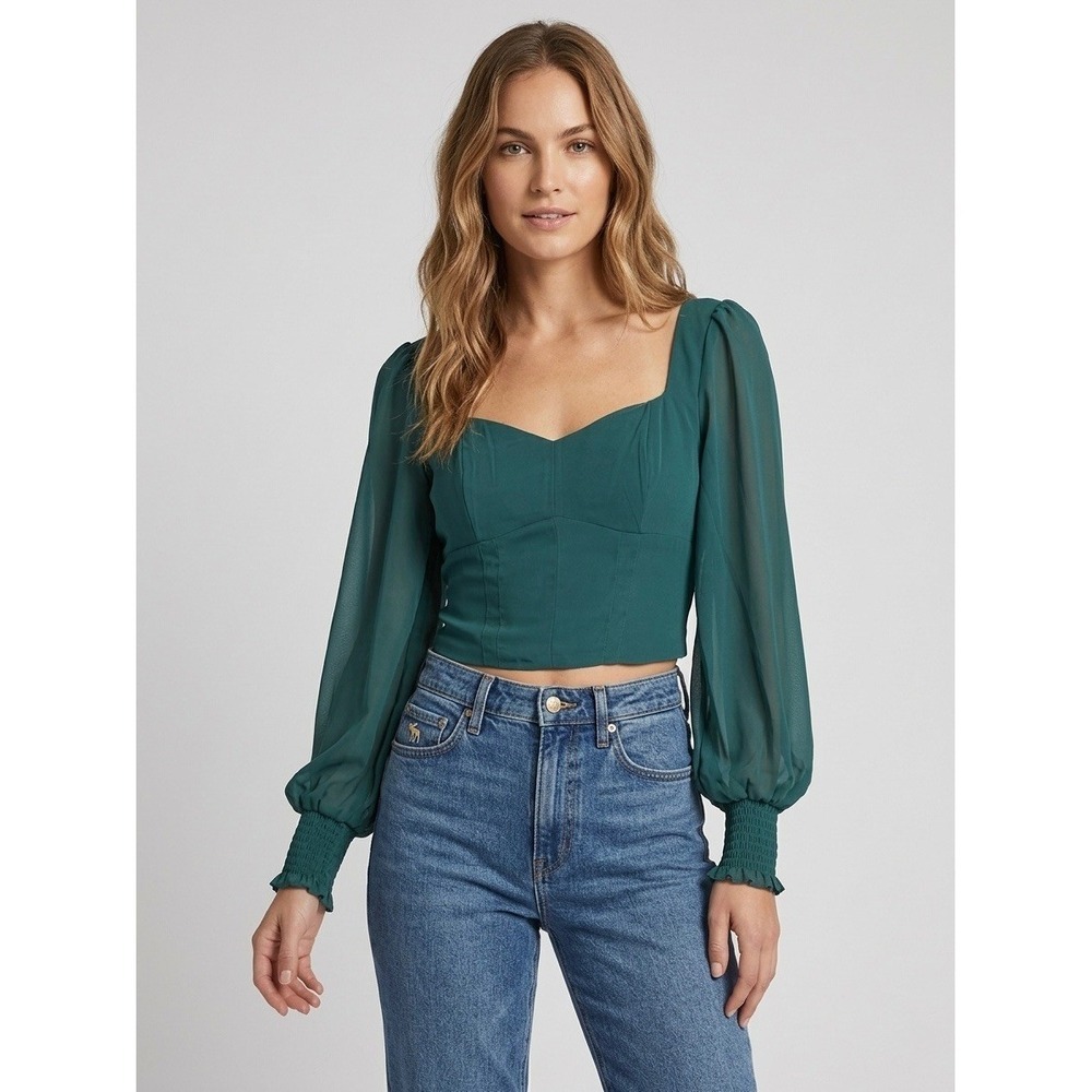 Abercrombie & Fitch Green Sheer Sleeve Smocked Sweetheart Crop Top Medium NWT